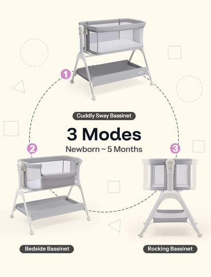 HARPPA Cuddly Sway Baby Bassinet Bedside Sleeper, 3 in 1 Rocking Bassinet with Mattress and Soft Cover, Full Mesh Sides, 5 Height Adjustable with Wheels for Newborns, Beige
