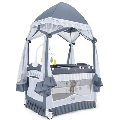 BABY JOY 4 in 1 Pack and Play with Canopy, Portable Baby Playard with Bassinet, Double-Layer Baby Crib, Wheels & Brake, Foldable Baby Girl Pink Princess Bassinet from Newborn to Toddler