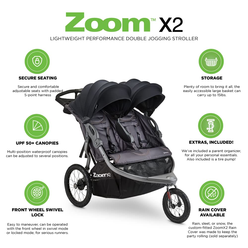 Joovy Zoom360 Ultralight Jogging Stroller Featuring High Child Seat, Shock-Absorbing Suspension, Extra-Large Air-Filled Tires, Parent Organizer, Air Pump, and Easy One-Hand Fold (Black)