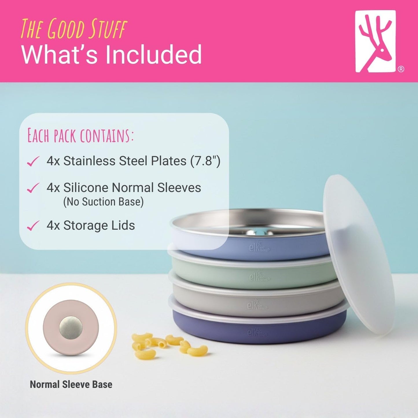 Elk and Friends Stainless Steel Divided Plates with Silicone Sleeve for Babies & Toddlers | Lids Included | Stay Put Suction | Dinner & Snack Plates | 4 Pack