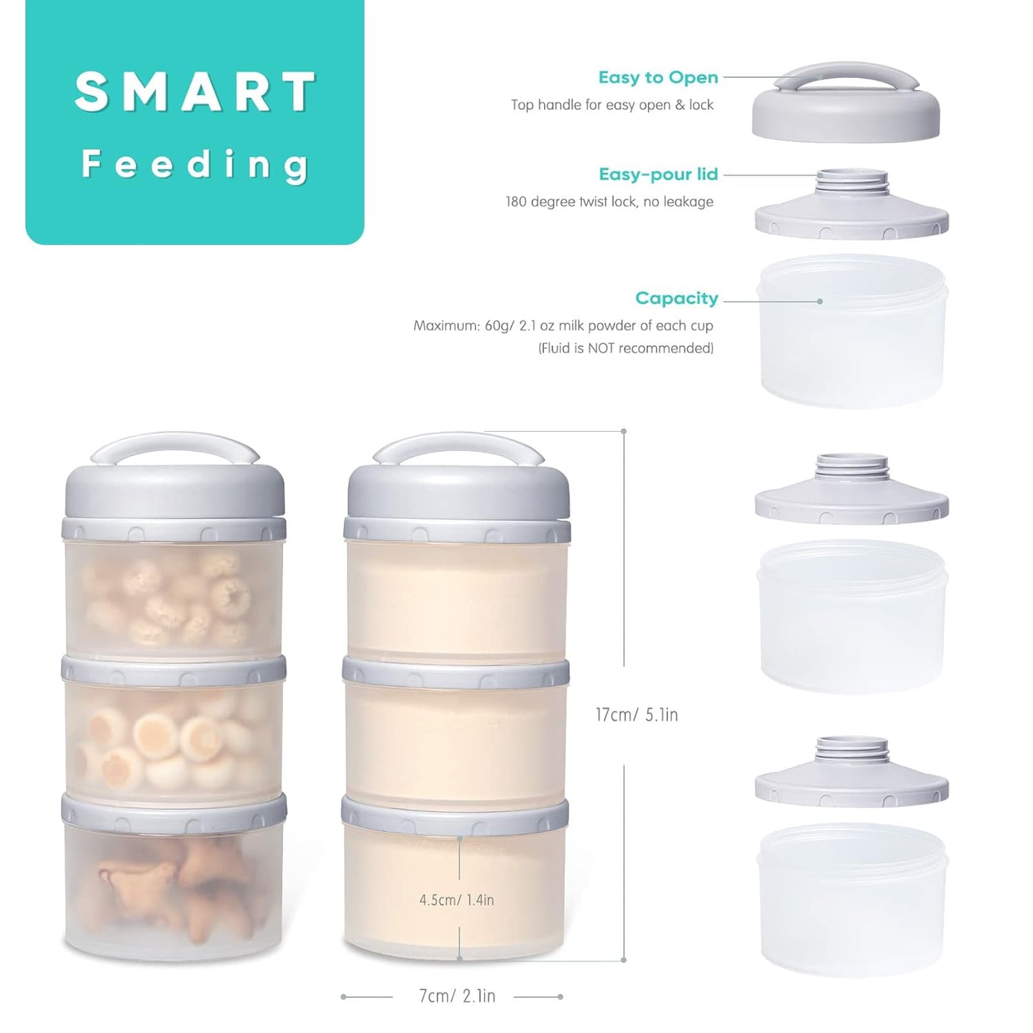 Termichy Stackable Formula Dispenser Portable Milk Powder Container, 2 Pack, Warm Grey