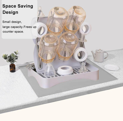 Portable Bottle Drying Rack with Drain Mat, Foldable & Space Saving Drying Rack for Baby Bottles, Pump Parts,Cups,Pacifiers, and Reusable Ziplock Dryer Rack(Grey Drying Rack with Drain Mat)