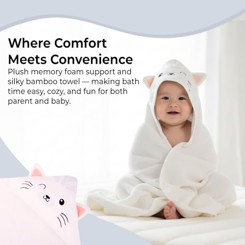 Gray Bath Kneeler & Elbow Rest Pad Set with Baby Bath Towel, Hooded, Cat