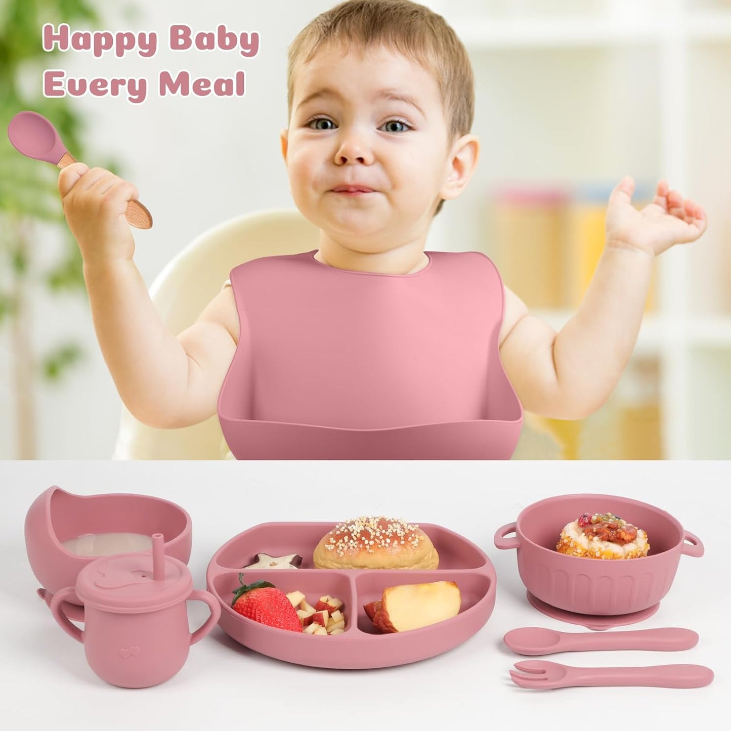 Silicone Baby Feeding Set 15 Pcs，Baby Spoons Suction Bowl Divided Plate Bib Cup Finger Brush Training cups,Baby Led Weaning Supplies,Baby Plates，Toddler Feeding Plates and Bowls Set（purple）