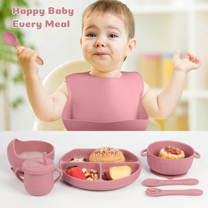 Silicone Baby Feeding Set 15 Pcs，Baby Spoons Suction Bowl Divided Plate Bib Cup Finger Brush Training cups,Baby Led Weaning Supplies,Baby Plates，Toddler Feeding Plates and Bowls Set（purple）
