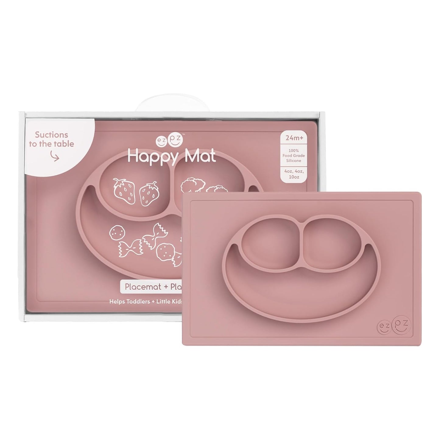 ezpz Mini Mat (Blush) - 6 -12 Months+ - 100% Silicone Suction Placemat + Divided Plate with Three Compartments - Supports Baby-Led Weaning - Designed for Highchair, Table, and Travel