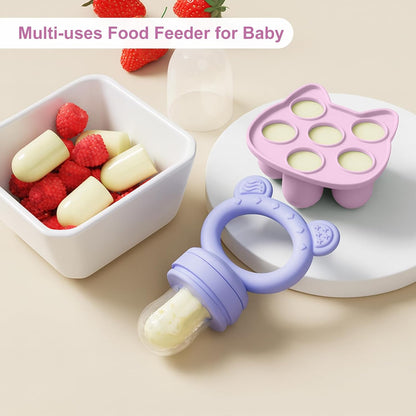WAJIAYON Baby Breastmilk Popsicle Molds & Baby Fruit Feeder (4 Pack), Infant Food Freezer Tray Storage Containers, Silicone Teething Pacifier Feeder and Teether for Babies,Boys and Girls-Pink&Purple