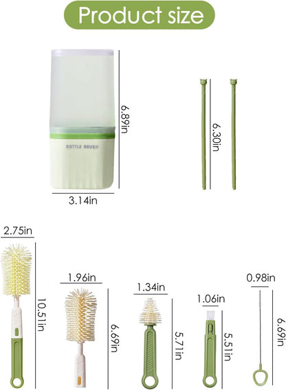 Baby Bottle Brush Set-Travel Bottle Cleaner Kit with Silicone Brush,Drying Rack,Nipple Brush,Straw Brush,Bottle Mouth Brush,Storage Box-6 in 1 Portable Bottle Washing Kit for Home and Travel