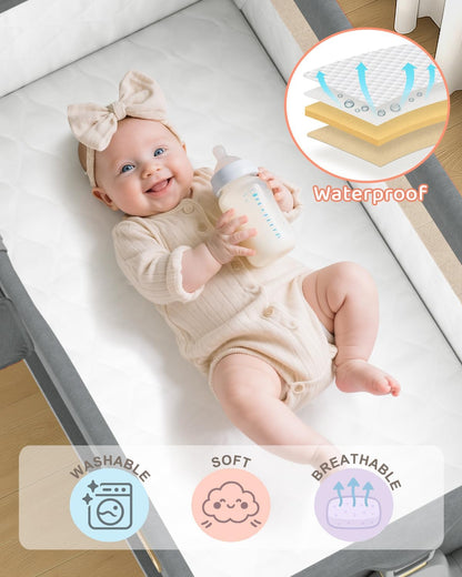 BIERUM Baby Bassinet Bedside Crib - 4 in 1 Bassinet Bedside Sleeper with Wheels, Mattress and Breathable Sides, 7 Height Adjustable, Stable and Secure Crib for Newborns