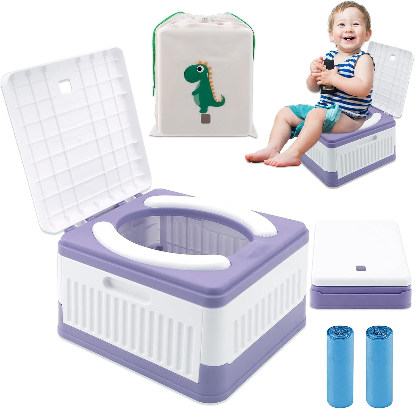Fabulas Portable Potty for Toddler Travel, Foldable Travel Potty Training Toilet Seat for Kids Boys Girls, Emergency Mobile Toilet In Car for Camping Outdoor Indoor, with 30 Disposable Bags, Blue