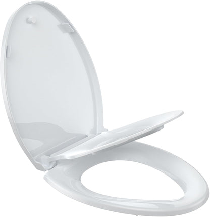 17" White Round Toilet Seat for Adult and Child, Built-In Potty Training Seat with Soft Quiet Close Non-Slip Design, Magnetic Kids Seat and Cover for Round/Oval Toilets, Easy to Install and Clean
