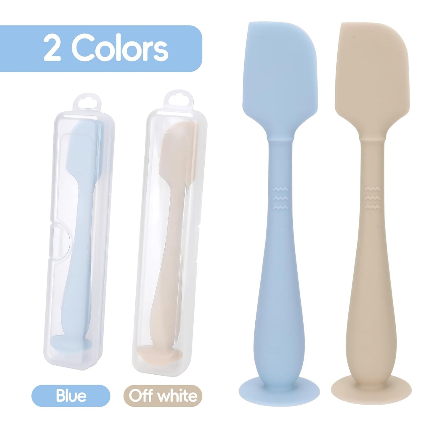 2 Pack Diaper Cream Spatula with Hygienic Travel Case, Butt Spatula Baby with Suction Base, Baby Butt Paste Spatula, Soft Silicone Diaper Rash Cream Applicator Large Size (Blue & Offwhite)