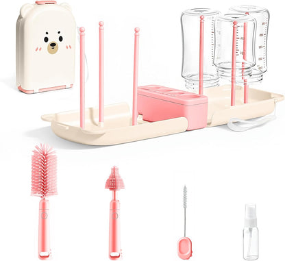 LEQXGO Travel Baby Bottle Cleaner Kit with Storage Case, 7-in-1 Baby Bottle Brush Set with Drying Rack for Breast Pump Parts, Bottle Washing Kit - Baby Travel Essential for Flying & On-the-Go (Blue)