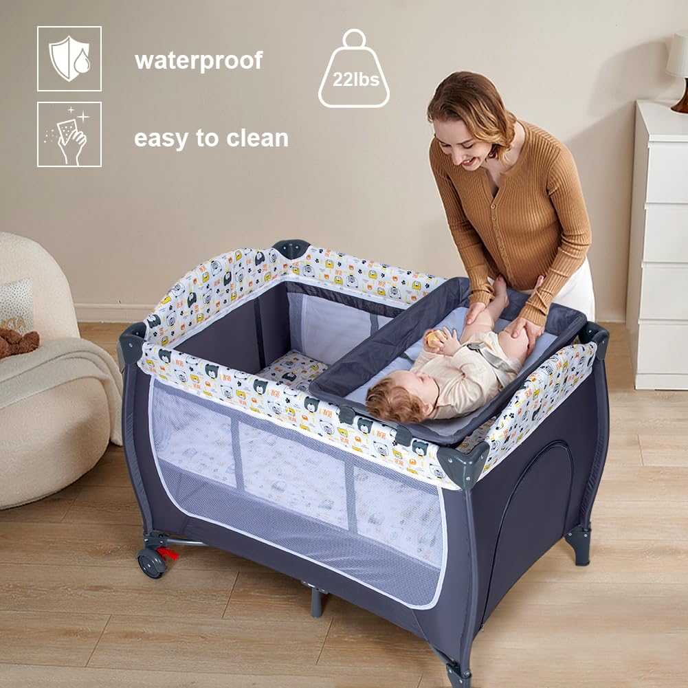 4 in 1 Pack and Play,Portable Nursery Center Baby Playard with Bassinet &Changing Table,Foldable Baby Crib Travel Playpen with Wheels,Removable Canopy with Toys,Storage Bag (Grey)