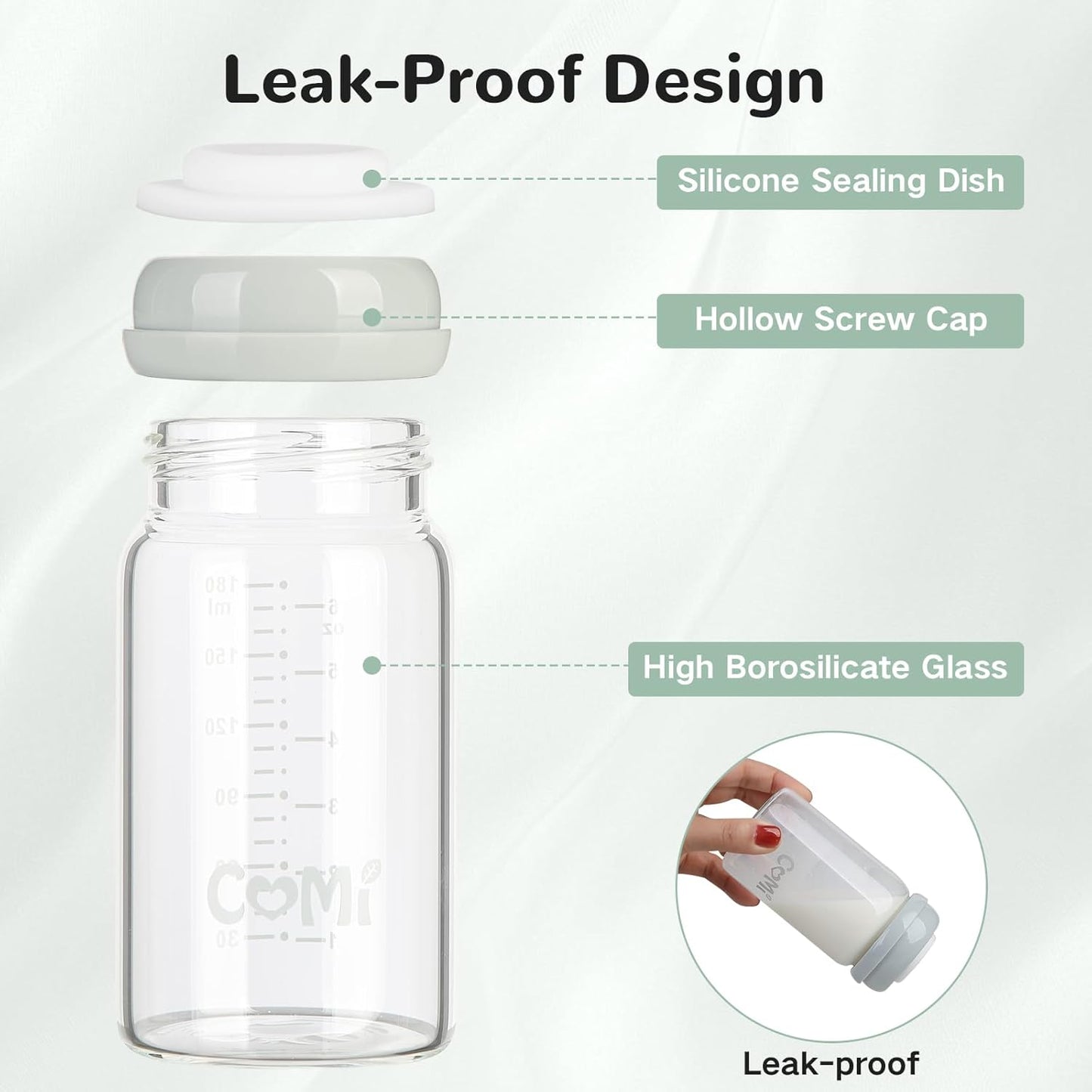 COMI Natural Glass Baby Bottle,Breastmilk Storage Bottle for Fridge,Wide Neck Breast Milk Container with Dome Cap,Fits Breast Pumps & Nipples,BPA Free,4PCS (6oz,4 Gray Lids)
