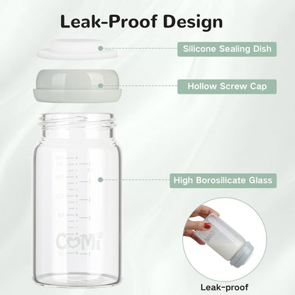 COMI Natural Glass Baby Bottle,Breastmilk Storage Bottle for Fridge,Wide Neck Breast Milk Container with Dome Cap,Fits Breast Pumps & Nipples,BPA Free,4PCS (6oz,4 Gray Lids)