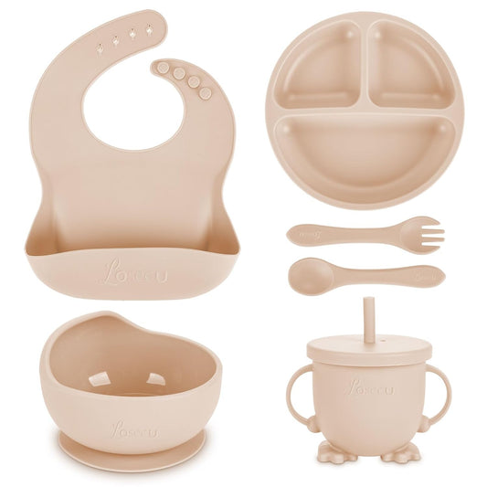 Silicone Feeding Set|Baby Led Weaning Supplies|Suction Plate Bowl Set with Bib, Spoon, Fork, Sippy Cup|Feeding Eating Supplies BPA Free