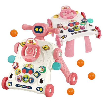 Asou Baby Walker 3 in 1 Sit to Stand Walker With Activity Table and Center for Newborn Toddler (Pink)