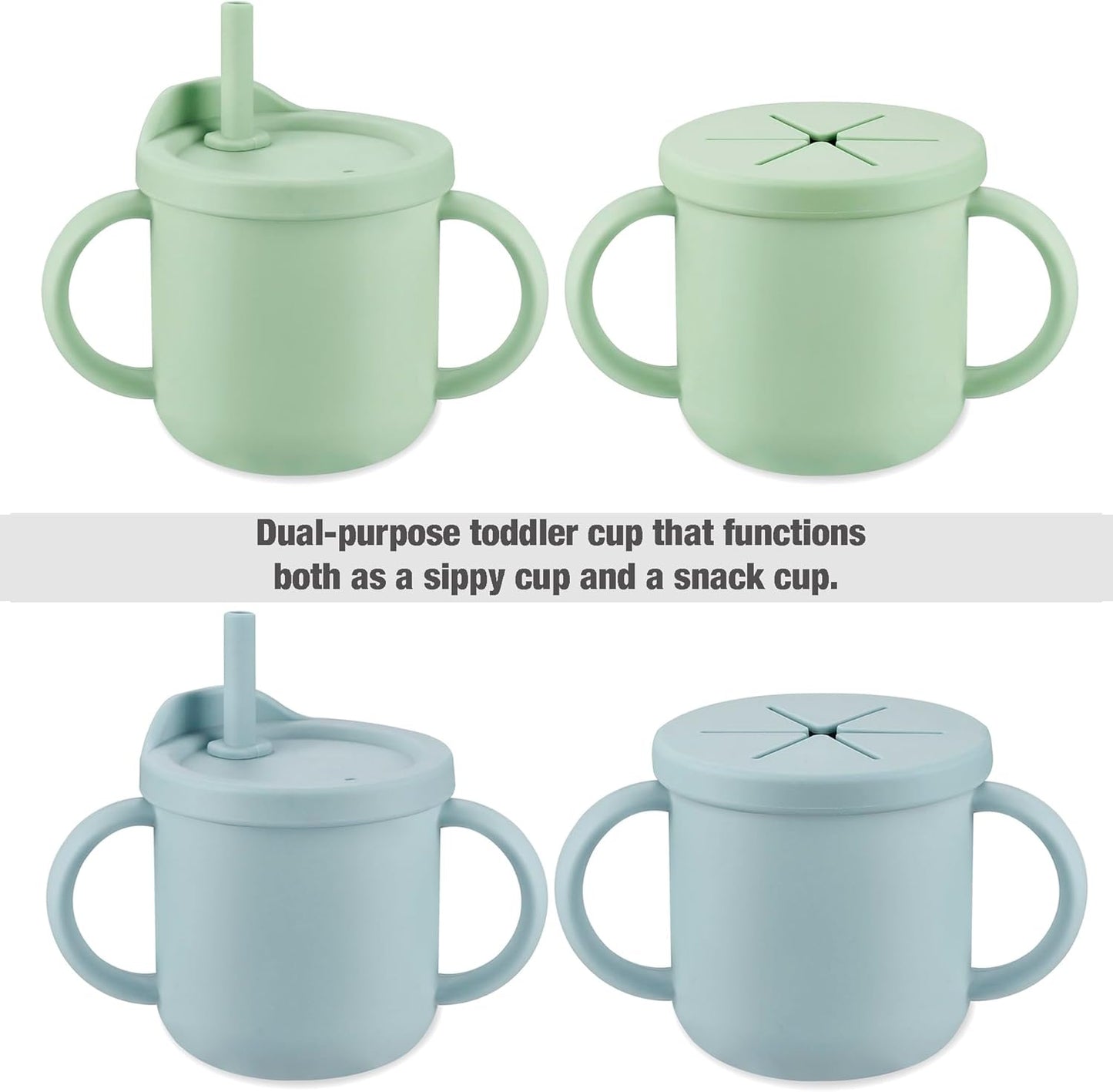 PandaEar Silicone Baby Feeding Set| 2 Pack Silicone Divided Suction Plate and 2 Pack Tiny Cup with 2 Spoons 2 Forks| Baby Led Weaning Supplies Self Feeding Eating Utensils (Light Blue/Light Green)