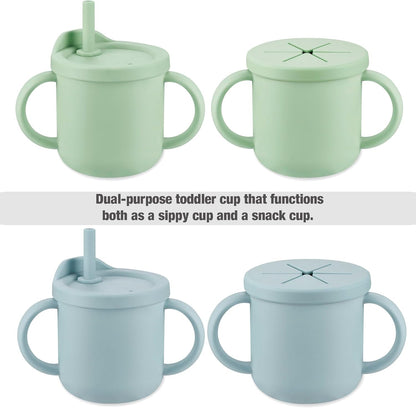 PandaEar Silicone Baby Feeding Set| 2 Pack Silicone Divided Suction Plate and 2 Pack Tiny Cup with 2 Spoons 2 Forks| Baby Led Weaning Supplies Self Feeding Eating Utensils (Light Blue/Light Green)