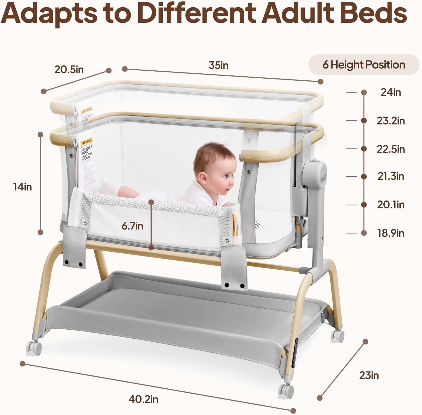 Tinyiota 3 in 1 Baby Bassinet,Rocking Bedside Crib Sleeper for Newborns,Adjustable Height Bassinet with Mattress and Soft,Breathable Sheet,Full-Mesh Sides,Stable&Cozy Crib for Babies