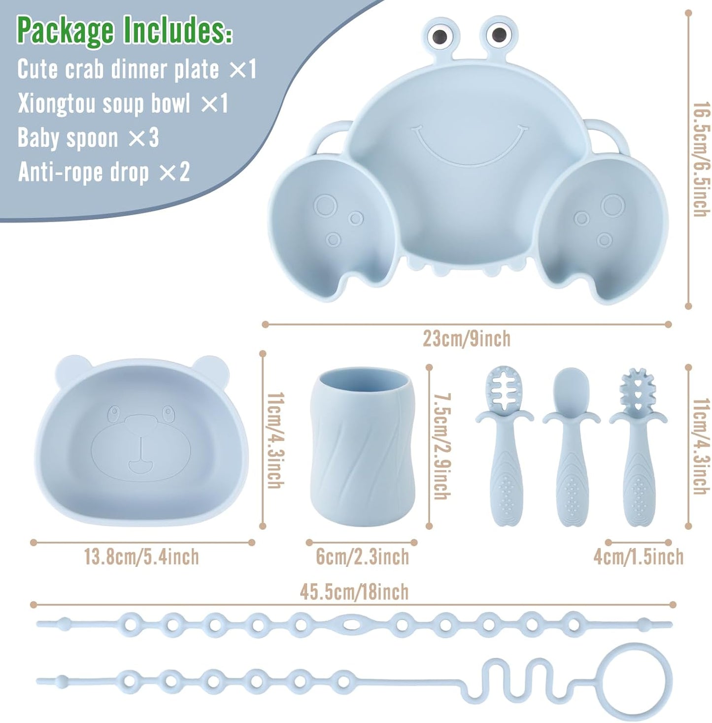 Silicone Baby Feeding Set, 8-Piece Baby Led Weaning Supplies Included Toddler Suction Plate, Bowl, Cup, 3 Spoons & 2 Safety Straps Keep Spoon, Fork & Bottle Off The Floor for Self-Feeding (Blue)