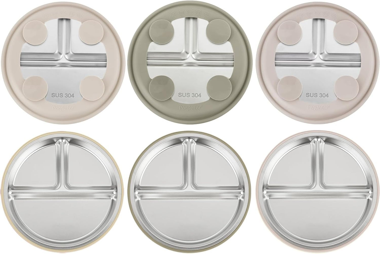 PandaEar 3 Pack Stainless Steel Baby Suction Plates, Divided Toddler Plate for Baby Led Weaning Supplies, Non-Slip Toddler Baby Feeding Set Dishwasher Safe (Pink/Linen/Light Pink)
