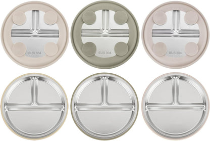 PandaEar 3 Pack Stainless Steel Baby Suction Plates, Divided Toddler Plate for Baby Led Weaning Supplies, Non-Slip Toddler Baby Feeding Set Dishwasher Safe (Pink/Linen/Light Pink)