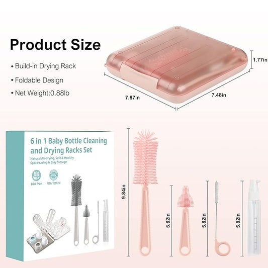 6 in 1 Baby Bottle Cleaner Set with Drying Rack,Silicone Baby Bottle Brush,Straw Brush,Nipple Brush,Soap Dispenser and Storage Box, Portable Baby Essentials for Home&Travel(Pink)