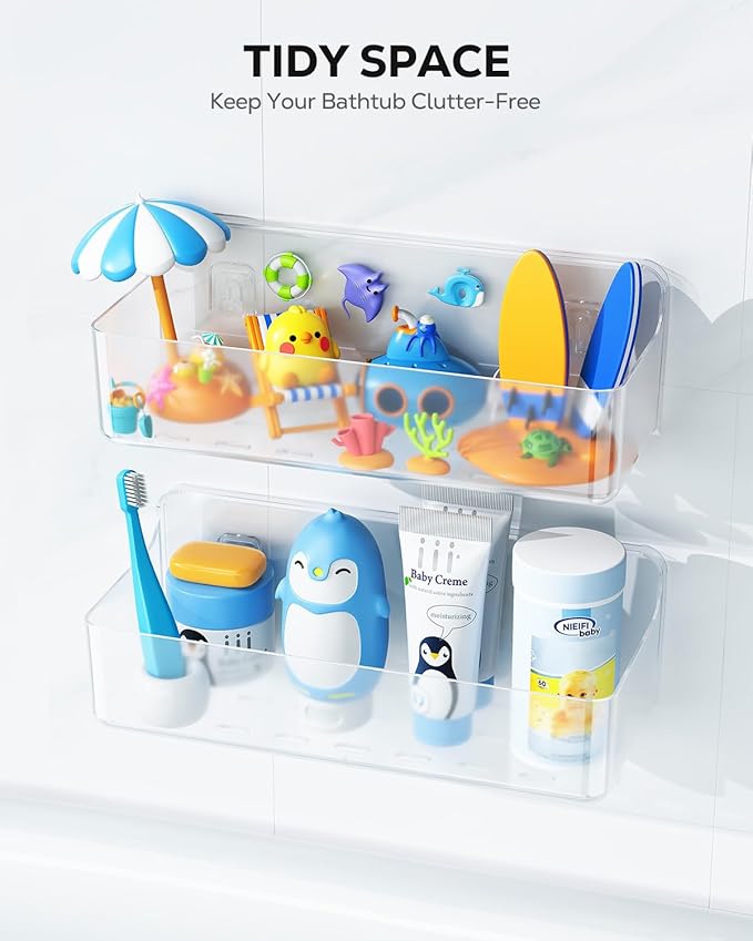 Nieifi Bath Toy Storage, Large Capacity Bath Toy Organizer, Adhesive Shower Caddy for Baby Bathroom Bathtub, Clear (2 Large)