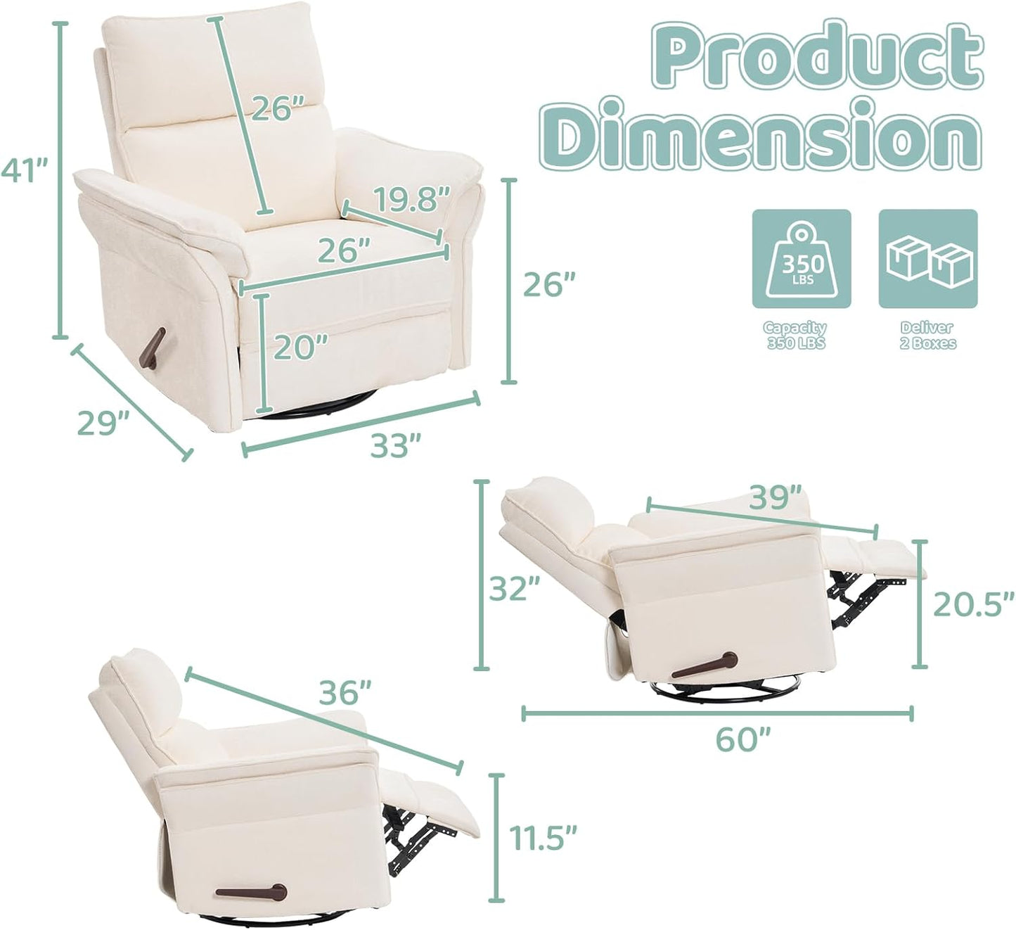 Oversized Swivel Rocker Recliner with Adjustable Headrest, Rocking Chair Nursery with Overstuffed Armrest, Manual Rocker Recliner Nursery Chair for Living Room, White