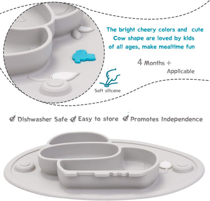 Silicone Divided Toddler Plates - Portable Non Slip Suction Plates Placemat for Children Babies and Kids BPA Free Baby Dinner Plate Bowl (Owl-Cyan)