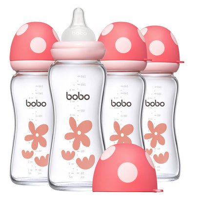 YOHKOH Natural Glass Baby Bottle with Level 1 Slow Flow Nipple, Newborn Anti-Colic Baby Bottles, Wide Neck Mushroom Baby Glass Bottle (Multicolour-A, 3.4oz (Pack of 4))