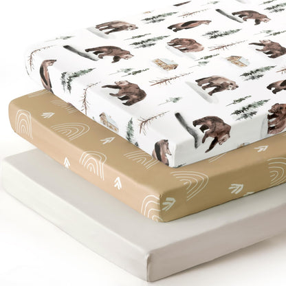 GRSSDER Stretch Ultra Soft Jersey Knit Fitted Pack n Play Playard Sheets Set 2 Pack，Fits Portable/Mini Cribs Sheets, Playards Mattress Pads, Stylish Watercolor Animals for Baby, Mint Green