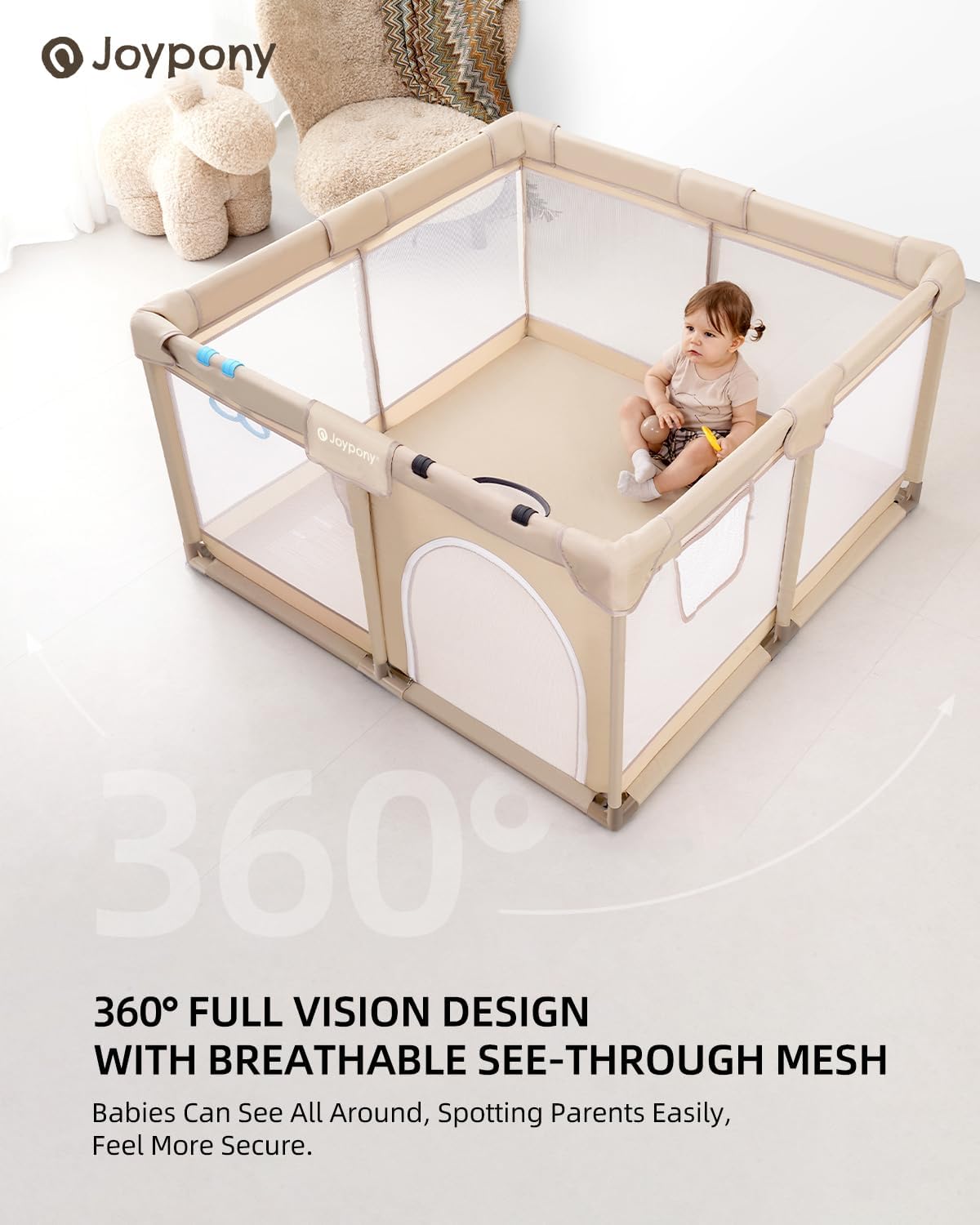 Joypony Baby Playpen with Mat, 50x50 in Small Play Pen for Babies, Toddler Playpen for Apartment, Indoors Play Yard with Soft Breathable Mesh (Beige with Mat)