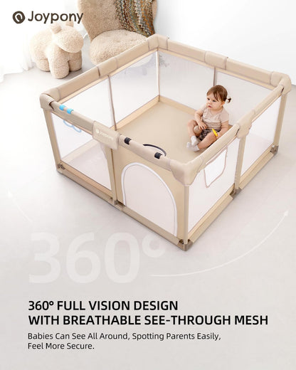 Joypony Baby Playpen with Mat, 50x50 in Small Play Pen for Babies, Toddler Playpen for Apartment, Indoors Play Yard with Soft Breathable Mesh (Beige with Mat)