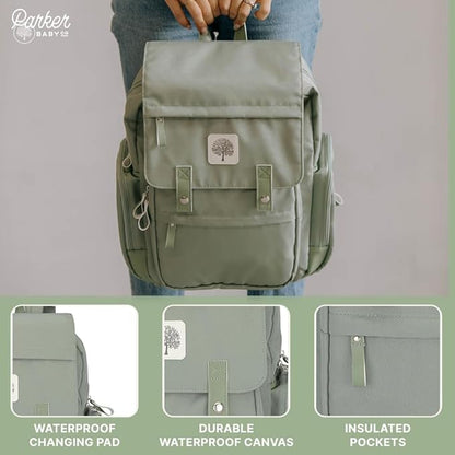 Parker Baby Diaper Backpack - Large Diaper Bag with Insulated Pockets, Stroller Straps and Changing Pad -"Birch Bag" - Sage Green