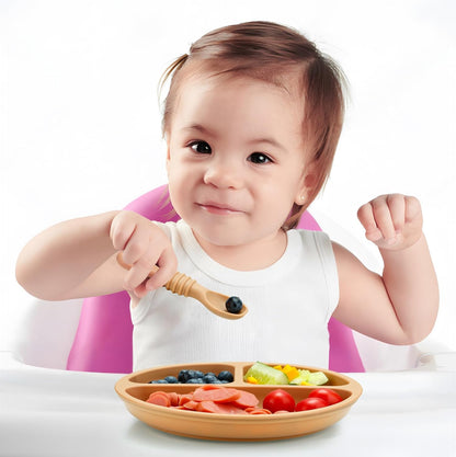 PandaEar Baby Feeding Set, 3 Pack Toddler Plates with 3 Spoons, 100% Silicone Divided Suction Plate for Babies, BPA-Free, Dishwasher and Microwave Safe -Blue/Red/Brown