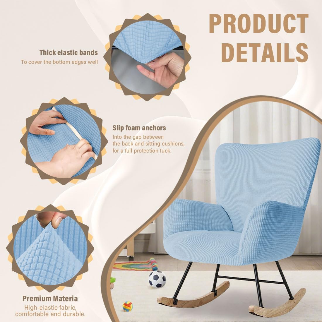 Nursery Rocking Chair Cover Stretch Glider Chair Covers Jacquard Modern Reading Chair Slipcover Rocking Accent Armchair Protector for Living Room Nursery Bedroom, Beige