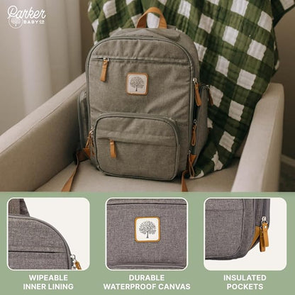 Parker Baby Diaper Backpack - Full Zip Diaper Bag with Insulated Pockets - Gray