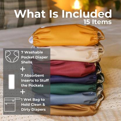 Nora's Nursery AWJ Cloth Diapers 7 Pack with 1 Wet Bag - Waterproof Cover, Washable, Reusable & One Size Adjustable Pocket Diapers for Newborns and Toddlers - Dahlia