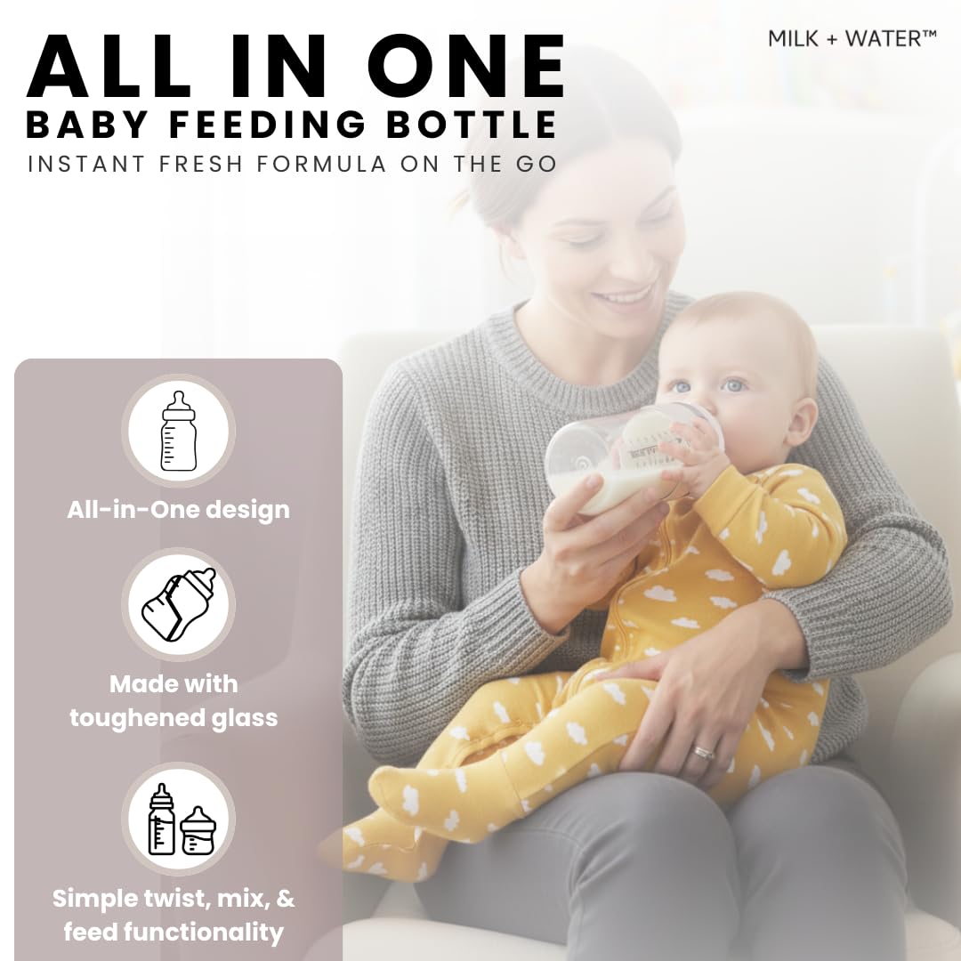 MILK & WATER Glass All in One Baby Bottle & Baby Formula Dispenser On The Go (Olive Green, 9oz Medium Flow 3m+)