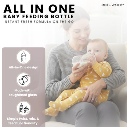MILK & WATER Glass All in One Baby Bottle & Baby Formula Dispenser On The Go (Olive Green, 9oz Medium Flow 3m+)
