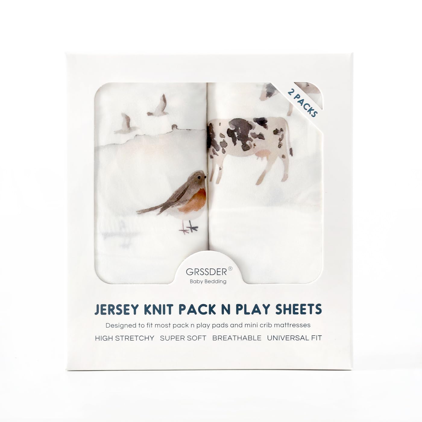 GRSSDER Stretch Ultra Soft Jersey Knit Fitted Pack n Play Playard Sheets Set 2 Pack，Fits Portable/Mini Cribs Sheets, Playards Mattress Pads, Stylish Watercolor Animals for Baby, Mint Green