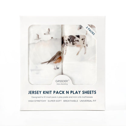 GRSSDER Stretch Ultra Soft Jersey Knit Fitted Pack n Play Playard Sheets Set 2 Pack，Fits Portable/Mini Cribs Sheets, Playards Mattress Pads, Stylish Watercolor Animals for Baby, Mint Green