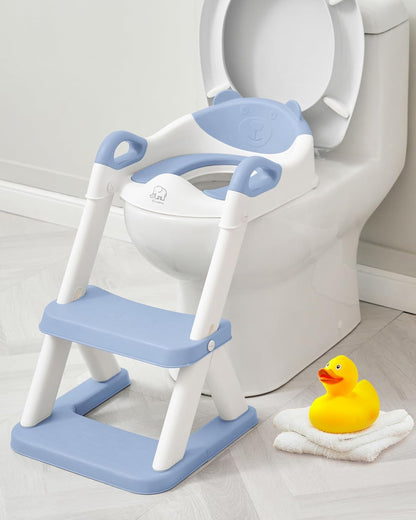 Forbena Toddler Potty Training Seat with Step Stool Ladder, Toilet Potty Seat for Baby Boys Girls Toddlers, Kids Chair Stairs with Handles and Soft Cushion (White and Grey)