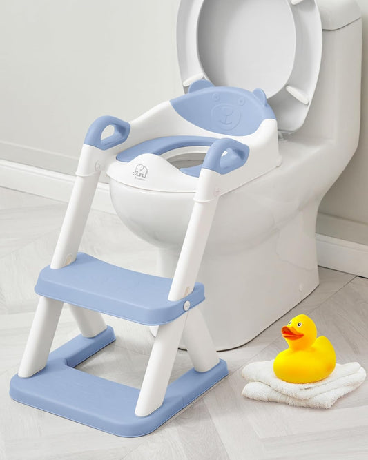 Forbena Toddler Potty Training Seat with Step Stool Ladder, Toilet Potty Seat for Baby Boys Girls Toddlers, Kids Chair Stairs with Handles and Soft Cushion (White and Grey)
