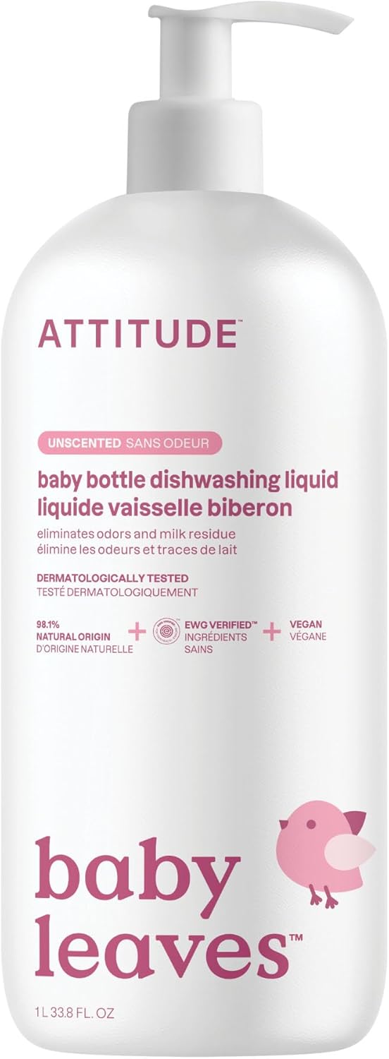 ATTITUDE Baby Bottle & Dish Soap, EWG Verified Bottle Cleaner, Fragrance Free & Dye Free, Removes Milk Residue & Grease, Vegan, Bulk Refill, Unscented, 67.6 Fl Oz