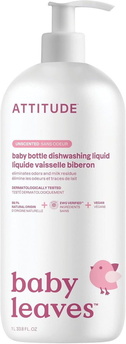 ATTITUDE Baby Bottle & Dish Soap, EWG Verified Bottle Cleaner, Fragrance Free & Dye Free, Removes Milk Residue & Grease, Vegan, Bulk Refill, Unscented, 67.6 Fl Oz
