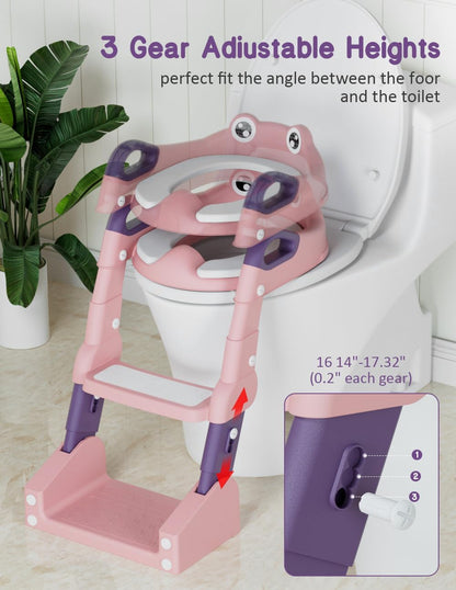 Potty Training Seat, Toddler Potty Training Toilet, Upgrade 2 In 1 Toddler Toilet Seat with Steps Stool Splash Guard and Anti-Slip Pad Soft Cushion, Potty Seats for Toddlers Baby Kids (Pink)